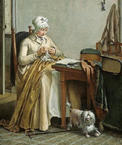 Wybrand Hendriks Interior with sewing woman. Norge oil painting art